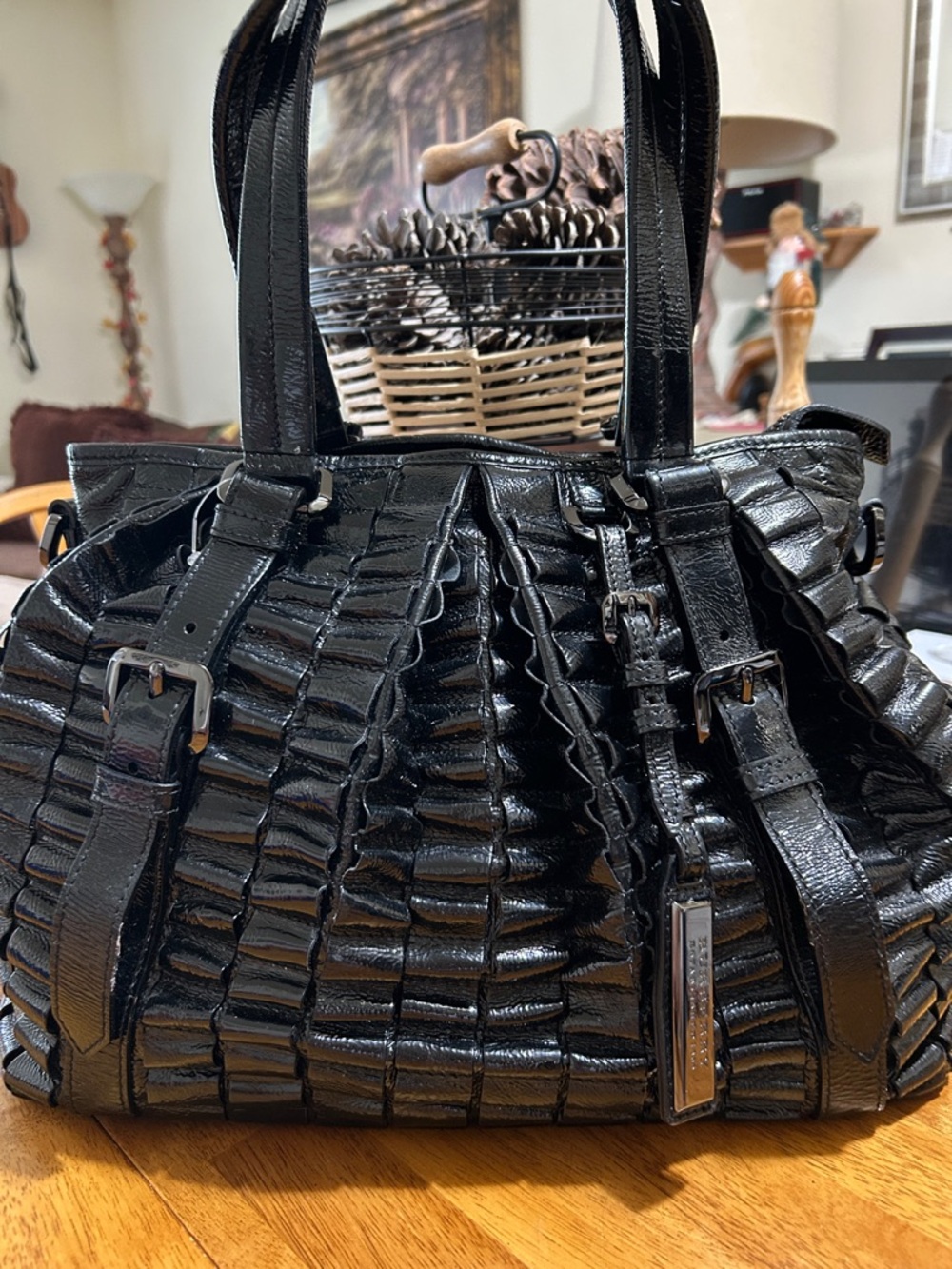 Burberry Lowry Black Ruffled Patent Tote Bag -  Women